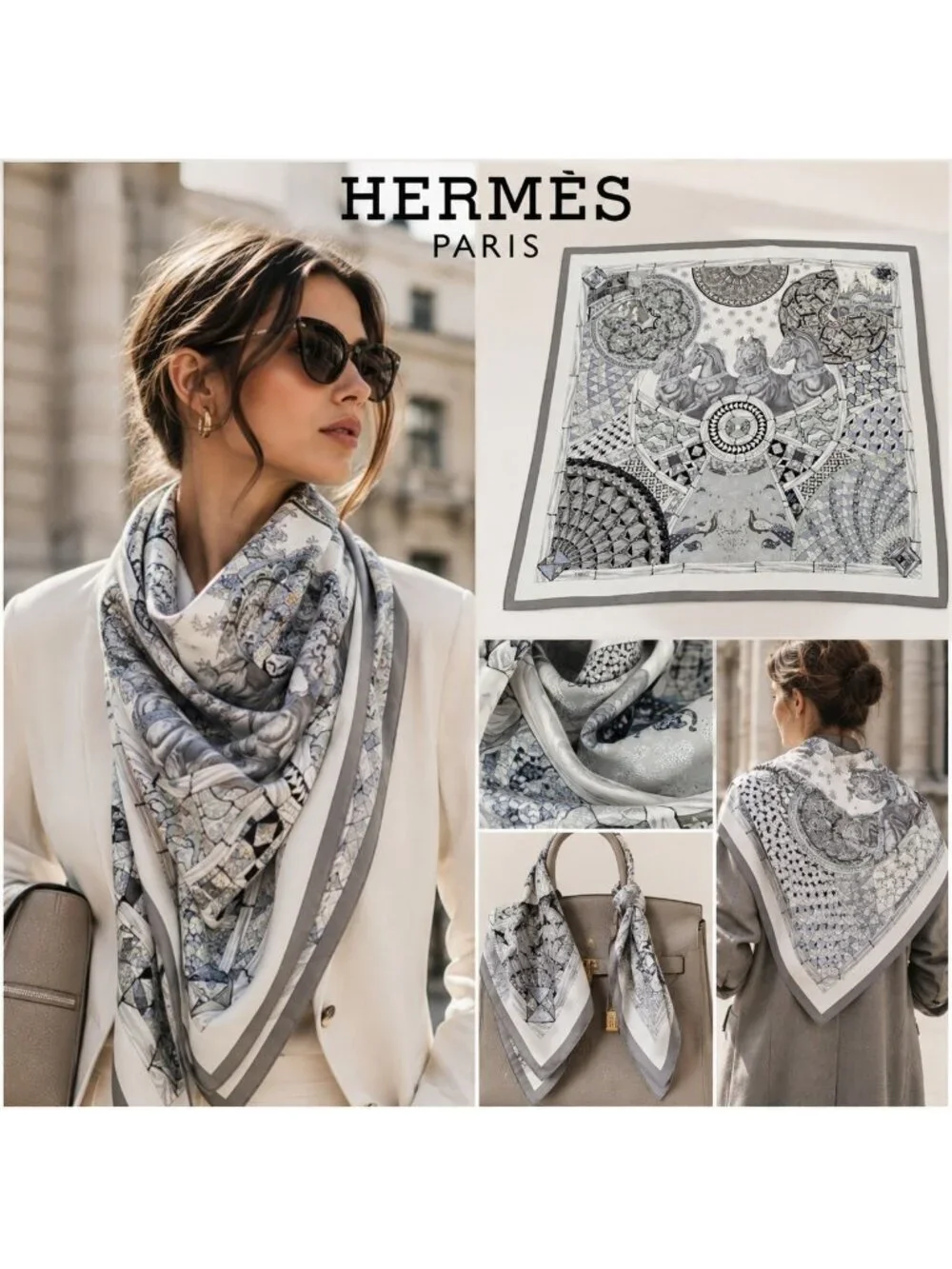 Hermès Trophées de Venise Julia Abadie 100% Silk 90 Scarf Gray Made France